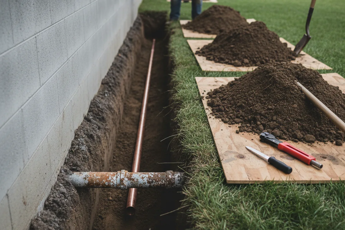 Excavated water line trench during Water Softener Installation in Kokomo